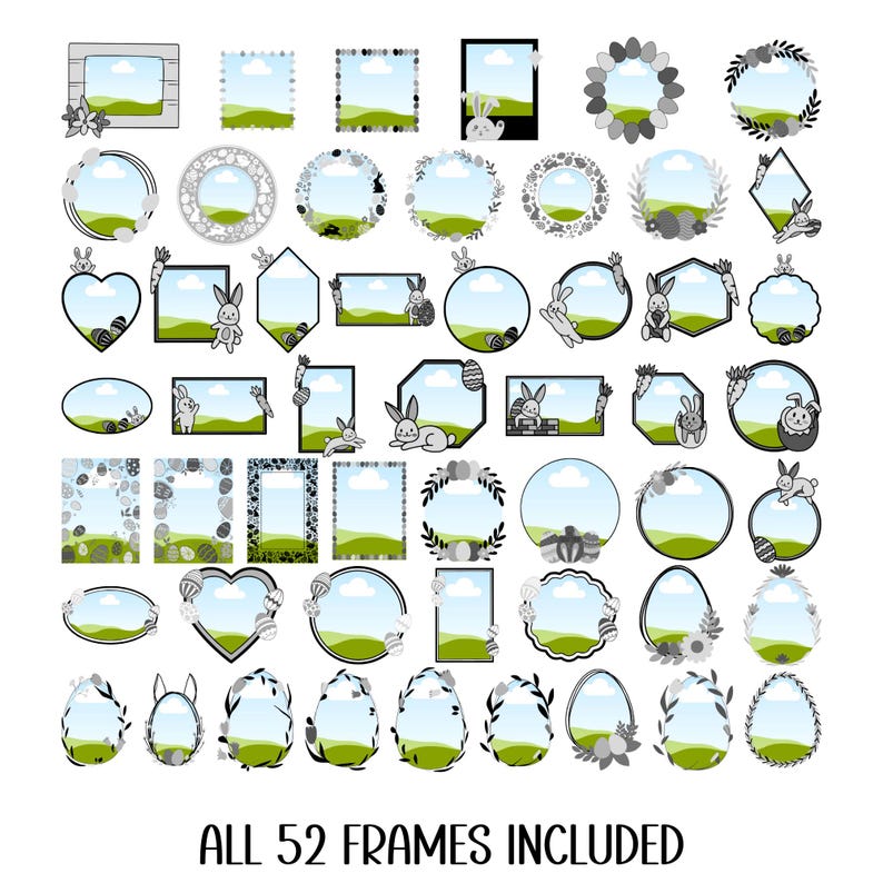 Pu&ograve; includere: Una collezione di 52 cornici a tema pasquale in varie forme, tra cui cerchi, cuori e ovali. Ogni cornice presenta un paesaggio verde, cielo blu ed elementi decorativi come coniglietti e uova. Il testo "ALL 52 FRAMES INCLUDED" &egrave; in basso.