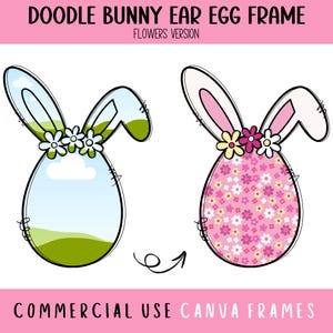 Doodle Osterhasenohren Blumenei Canva Rahmen bearbeitbare Vorlage, Kokette Osterhase Clipart, Osterblumen, Erstellen Ihrer eigenen PNG-Datei