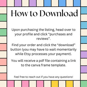 May include: A colorful graphic with instructions on how to download a digital product from Etsy. The text reads "How to Download" and includes steps on how to find your order and download the file.