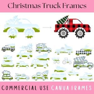 Plantillas de marcos editables de Canva para camiones navideños, archivo de camión monstruo navideño, tractor y caravana de granjero navideño a cuadros, crea tu propio PNG