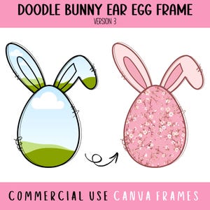 Doodle Osterhasenohren Ei Canva Rahmen bearbeitbare Vorlage, Kokette Osterhase Clipart, Osterei-Shirt-Idee, machen Sie Ihre eigene PNG-Datei