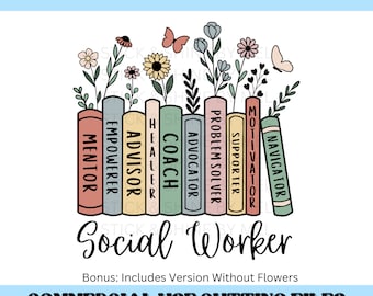 Social Worker Bookshelf SVG, Mental Health Professional PNG, School Counselor SVG, Gift For Social Worker, Wildflower Svg, Butterfly Svg