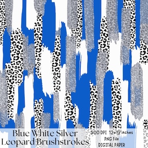 May include: Digital paper featuring a seamless pattern of blue, white, and silver brushstrokes with a leopard print design. The pattern is 12 inches by 12 inches and 300 DPI.