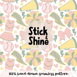 Puede incluir: Un patrón sin costuras con ilustraciones dibujadas a mano de elementos de animadora. El diseño incluye pelotas de béisbol, megáfonos, pompones, uniformes de animadora, lazos, corazones, estrellas y rayos en colores pastel. El texto "Stick & Shine".