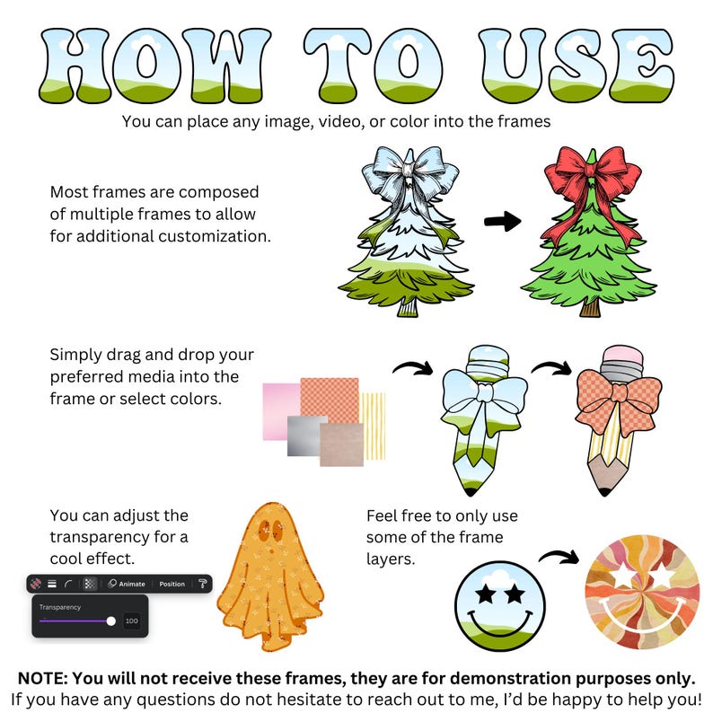 Pu&ograve; includere: Grafica digitale con la scritta "HOW TO USE" in un font a bolle. L'immagine mostra come utilizzare i frame con esempi di alberi di Natale, matite, un fantasma e una faccina sorridente. Sono incluse le istruzioni.