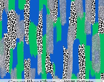 Blue Green & Silver Glitter Brushstroke Background Digital Paper File, Preppy Scrapbook Paper Design, Leopard Print School Spirit Paint PNG