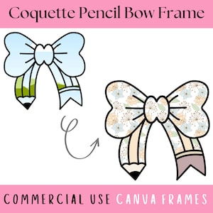 Kokette Bogen Bleistift Canva Rahmenvorlage, bearbeitbare Girly Ribbon Bleistift, Bleistift Haarschleife, Kokette zurück zu Schulbogen, machen Sie Ihre eigene PNG-Datei
