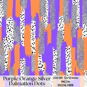 Puede incluir: Papel digital morado, naranja y plateado con un patrón de manchas de dálmata blancas y negras. El patrón está formado por rayas verticales de cada color.