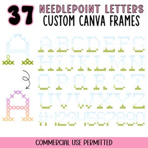 Könnte beinhalten: Eine digitale Grafik mit Kreuzstichbuchstaben und -zahlen, mit dem Text "NEEDLEPOINT LETTERS CUSTOM CANVA FRAMES". Das Bild enthält das Alphabet und die Zahlen 1-0, jeweils im Kreuzstichstil gestaltet, mit einem rosa und weißen Hintergrund.