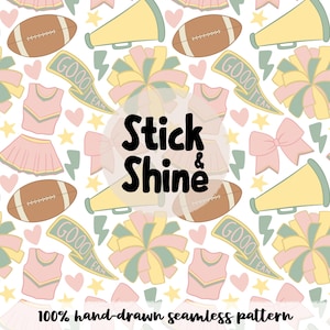 Puede incluir: Patrón sin costuras con balones de fútbol americano, elementos de porristas y el texto "Stick & Shine". El diseño incluye acentos rosas, amarillos y verdes sobre un fondo blanco. También está presente la frase "100% hand-drawn seamless pattern".