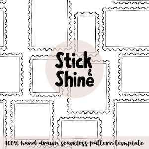 Puede incluir: Patrón sin costuras en blanco y negro con marcos de sellos dibujados a mano. El texto "Stick & Shine" está en el centro, con las palabras "100% hand-drawn seamless pattern template" en la parte inferior.