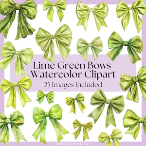 Lime Green Bows Watercolor Clipart Bundle PNG Sublimation Designs, Coquette Bow, Game Day Bow File, Cute Girly Clipart, Junk Journal Files