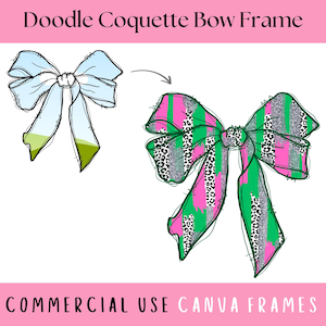May include: A digital illustration of a pink and green bow with a leopard print pattern. The bow is drawn in a doodle style with a white background.
