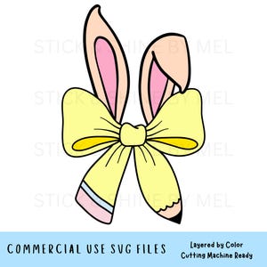 Arquivo de máquina de corte SVG de lápis de arco de Páscoa Coquette, clipart de arco de orelhas de coelho de Páscoa, presente de agradecimento ao professor, lápis de Páscoa Coquette