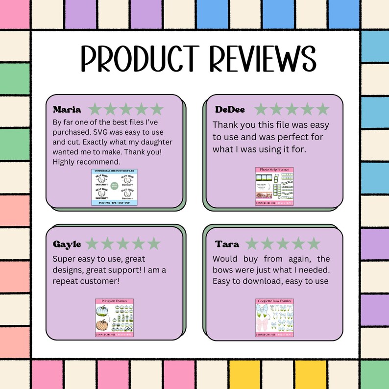 Pu&ograve; includere: Grafica colorata con il testo "PRODUCT REVIEWS" in alto. Sotto, quattro recensioni dei clienti con valutazioni a stelle e immagini dei prodotti. Le recensioni sono in un riquadro viola chiaro.