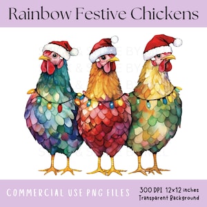 File di sublimazione di pollo arcobaleno in PNG, luci di Natale e cappello di Babbo Natale che indossano pulcini, clipart di tendenza per le vacanze, download digitale