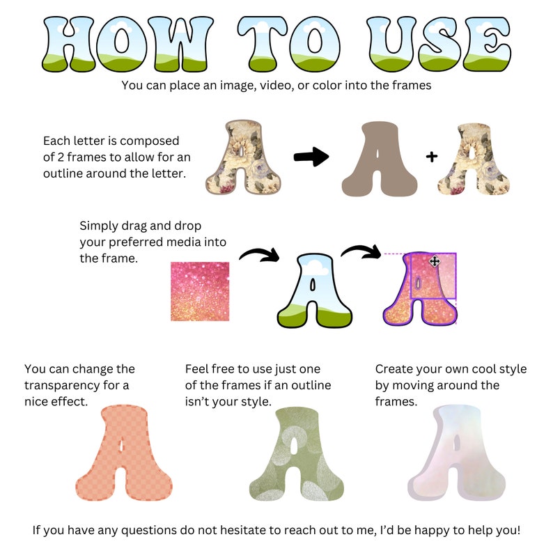 May include: How to use graphic with instructions on how to use a font with two frames. The first frame is an outline and the second frame is for adding an image, video, or color. The graphic shows examples of how to use the font with different media.