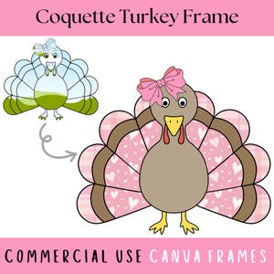 May include: A pink and brown turkey with a pink bow on its head. The turkey has a white heart pattern on its tail feathers. The turkey is a digital illustration.