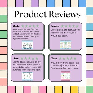 Puede incluir: Cuatro rese&ntilde;as de clientes con cinco estrellas para un producto digital. Cada rese&ntilde;a incluye una breve descripci&oacute;n del producto y una peque&ntilde;a imagen del producto. Las rese&ntilde;as son de Maria, Jessica, Sam y Tara.