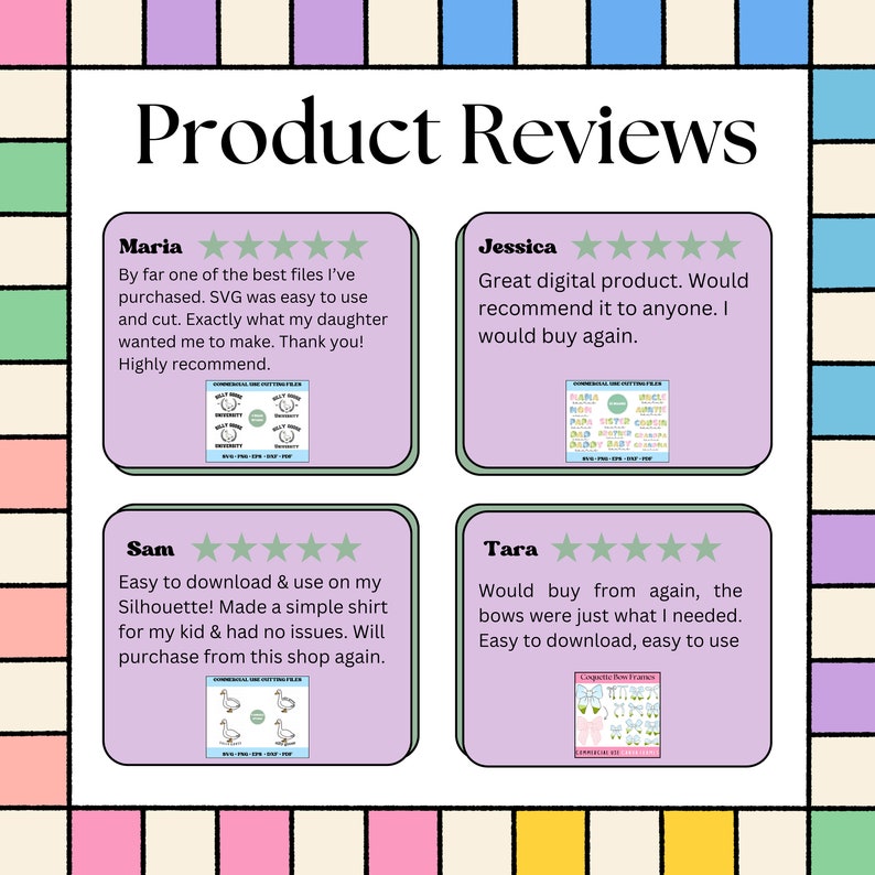 Puede incluir: Cuatro rese&ntilde;as de clientes con cinco estrellas para un producto digital. Cada rese&ntilde;a incluye una breve descripci&oacute;n del producto y una peque&ntilde;a imagen del producto. Las rese&ntilde;as son de Maria, Jessica, Sam y Tara.