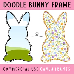 Doodle Bunny Canva Frames bearbeitbare Vorlage, handgezeichnete Osterhase Clipart, Preppy Kaninchen Ostern Shirt-Idee, erstellen Sie Ihre eigene PNG-Datei