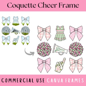 Op de afbeelding: Een set digitale clipart-afbeeldingen voor gebruik in Canva met cheerleading-thema's. De afbeeldingen omvatten strikken, pompoenen, een cheerleader-outfit en een megafoon met het woord "Cheer" erop.