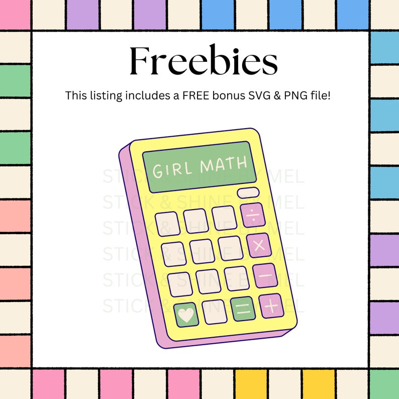 May include: A yellow calculator with a pink border and a green display that reads "GIRL MATH". The calculator has a heart icon on the bottom left button.