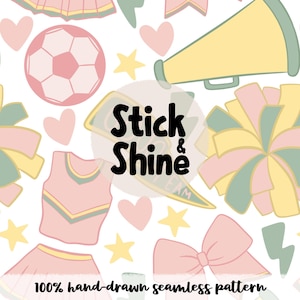 Puede incluir: Un patrón sin costuras con ilustraciones de temática de animadoras y deportes. El diseño incluye un balón de fútbol, pompones, megáfonos, estrellas, corazones y uniformes de animadora en colores pastel. También se incluye el texto "Stick & Shine".