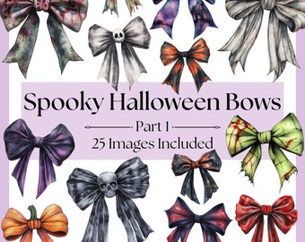 Coquette Halloween Bow Clipart Bundle PNG Sublimation Designs, Spooky Gothic Bow Clipart, Ghost, Zombie, Pumpkin, Skull, Vampire, Bloody Bow
