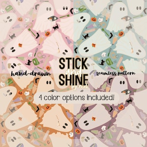 May include: A seamless pattern design featuring ghosts, pumpkins, bats, and cooking utensils in four color options. The text "STICK and SHINE" and "4 color options included!" is also visible.