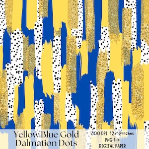 May include: A digital paper design featuring yellow, blue, and gold brushstrokes with black and white polka dots. The design is seamless and can be used for various crafting projects.