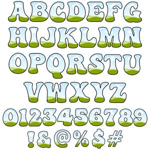 May include: A whimsical alphabet and numbers with a green grassy hill and blue sky background. The letters and numbers are outlined in black and have a rounded, bubbly style.