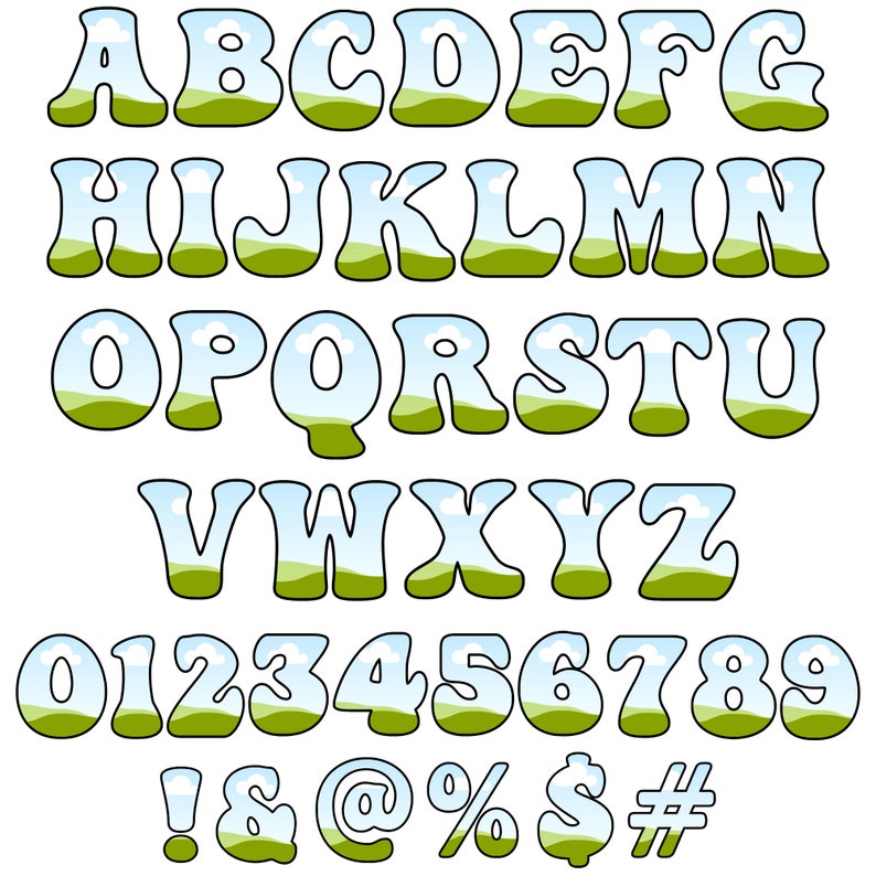 May include: A whimsical alphabet and numbers with a green grassy hill and blue sky background. The letters and numbers are outlined in black and have a rounded, bubbly style.