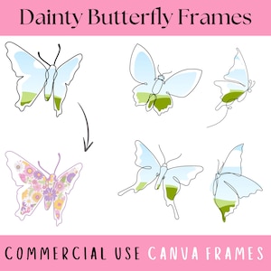 May include: A set of six butterfly frames in a line drawing style. The frames are in black and white, with a light blue butterfly in the center. The butterflies are outlined in black and have a green and white pattern on their wings. The frames are perfect for adding a touch of whimsy to your designs.