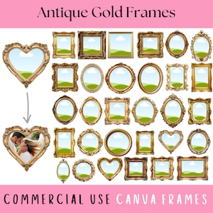 May include: A set of 30 antique gold frames in various shapes, including oval, square, rectangle, and heart. The frames are perfect for adding a vintage touch to your photos, artwork, or other projects.