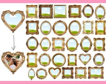 Vintage gouden frames canvas frame bewerkbare sjabloon, antieke stijl gouden en bronzen fotolijsten, hartvormige frames, maak je eigen aangepaste png