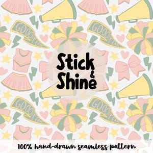 Puede incluir: Un patrón sin costuras con elementos de animadora. El diseño incluye pompones rosas y amarillos, megáfonos, lazos y uniformes de animadora. El texto "Stick & Shine" está en el centro, con pancartas "GOOD TEAM" y rayos. El texto "100% hand-drawn seamless pattern" está en la parte inferior.
