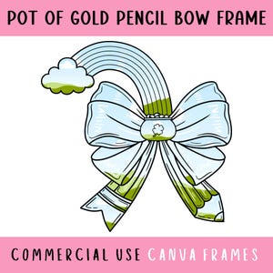 Modelo editável de moldura de lápis de pote de ouro Coquette Canva, clipart de fita do dia de São Patrício, laço de lápis de trevo, crie seu próprio PNG