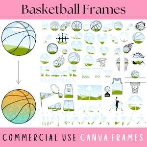 Lot de modèles de cadres en toile de basket-ball, maillot de basket-ball, trophée, coeur, match jour, ballon de basket effet grunge, créez votre propre fichier PNG