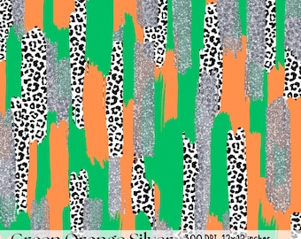 Leopard Print Brushstroke Digital Paper: Green, Orange & Silver (PNG)