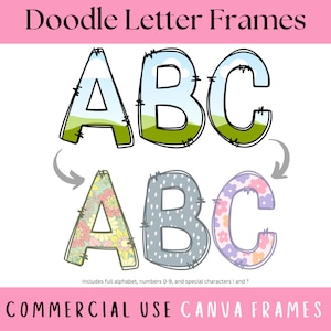 Modelo de quadros de letras Doodle Canva, fonte desenhada personalizável, alfabeto e números modernos personalizáveis, faça sua própria fonte Doodle, png