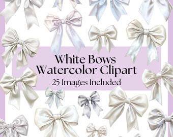 White Bows Watercolor Clipart Bundle PNG Sublimation Designs, Coquette Bow, Game Day Bow File, Cute Girly Clipart Pack, Junk Journal Files
