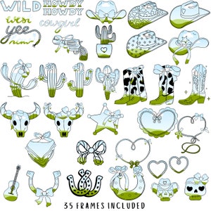 Puede incluir: Un conjunto de 35 im&aacute;genes digitales de clipart con tem&aacute;tica del oeste. Las im&aacute;genes incluyen cactus, sombreros de vaquero, botas, herraduras, calaveras, corazones, estrellas y lazos. Las im&aacute;genes est&aacute;n en un esquema de color verde y azul.