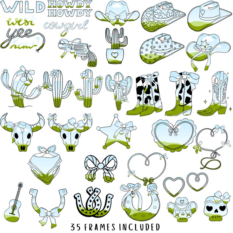 Puede incluir: Un conjunto de 35 im&aacute;genes digitales de clipart con tem&aacute;tica del oeste. Las im&aacute;genes incluyen cactus, sombreros de vaquero, botas, herraduras, calaveras, corazones, estrellas y lazos. Las im&aacute;genes est&aacute;n en un esquema de color verde y azul.