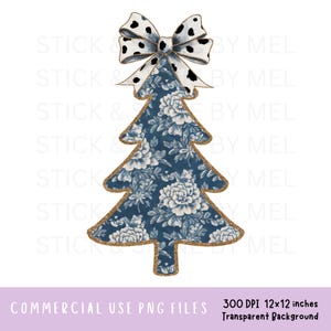 Blue Toile Chinoiserie Christmas Tree With Coquette Bow PNG File, Dalmatian Dot Holiday Sublimation Designs, Gold Glitter Outline Clipart