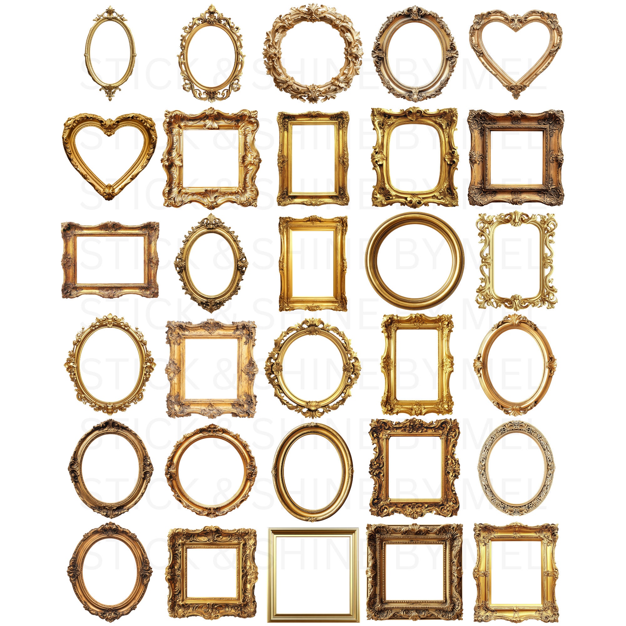 Vintage Gold Frames Clipart PNG File Bundle, Set of Antique Style Gold ...
