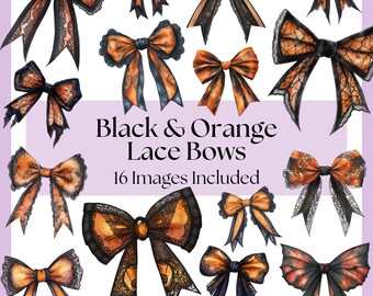 Black & Orange Lace Bows Clipart Bundle PNG Sublimation Designs, Spooky Gothic Halloween Coquette Bows, Fall Themed Girly Ribbon Files
