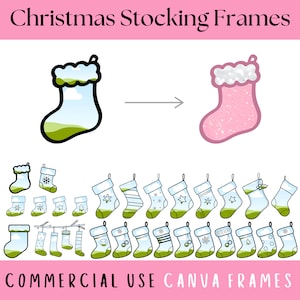 May include: A set of 28 Christmas stocking frames in various designs, including snowflakes, stars, stripes, and a Christmas tree. The frames are in blue, green, white, and black. The text "COMMERCIAL USE CANVA FRAMES" is at the bottom of the image.