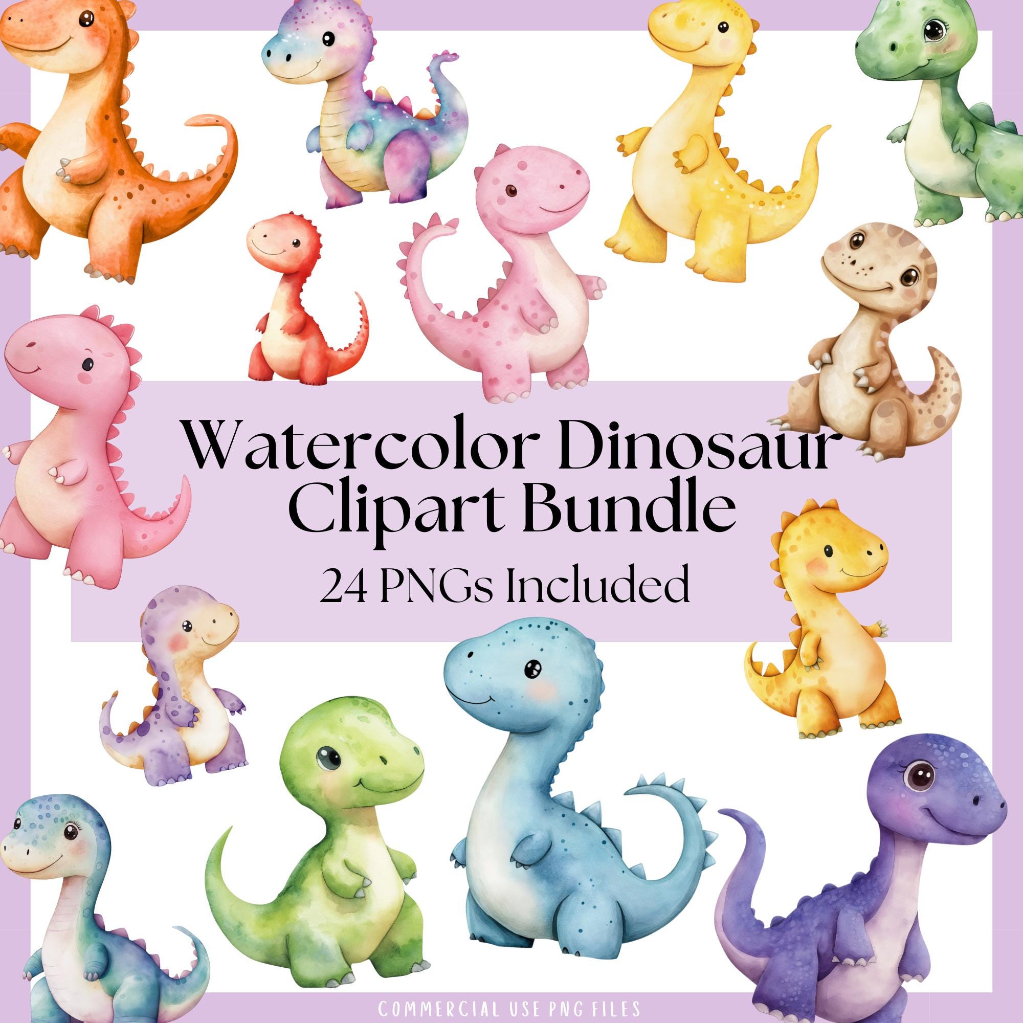 Watercolor Dinosaur Clipart Bundle Set, Cute Dino PNG Files, Nursery ...