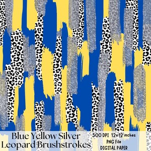 May include: Abstract digital paper featuring a seamless pattern of blue, yellow, and silver brushstrokes with a leopard print overlay. The digital paper is 12 inches by 12 inches and 300 DPI.